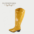 2019 Women Cowboy Knee High boots Yellow Snakeskin Print Sexy A131 Ladies Women Winter Long Boots Shoes